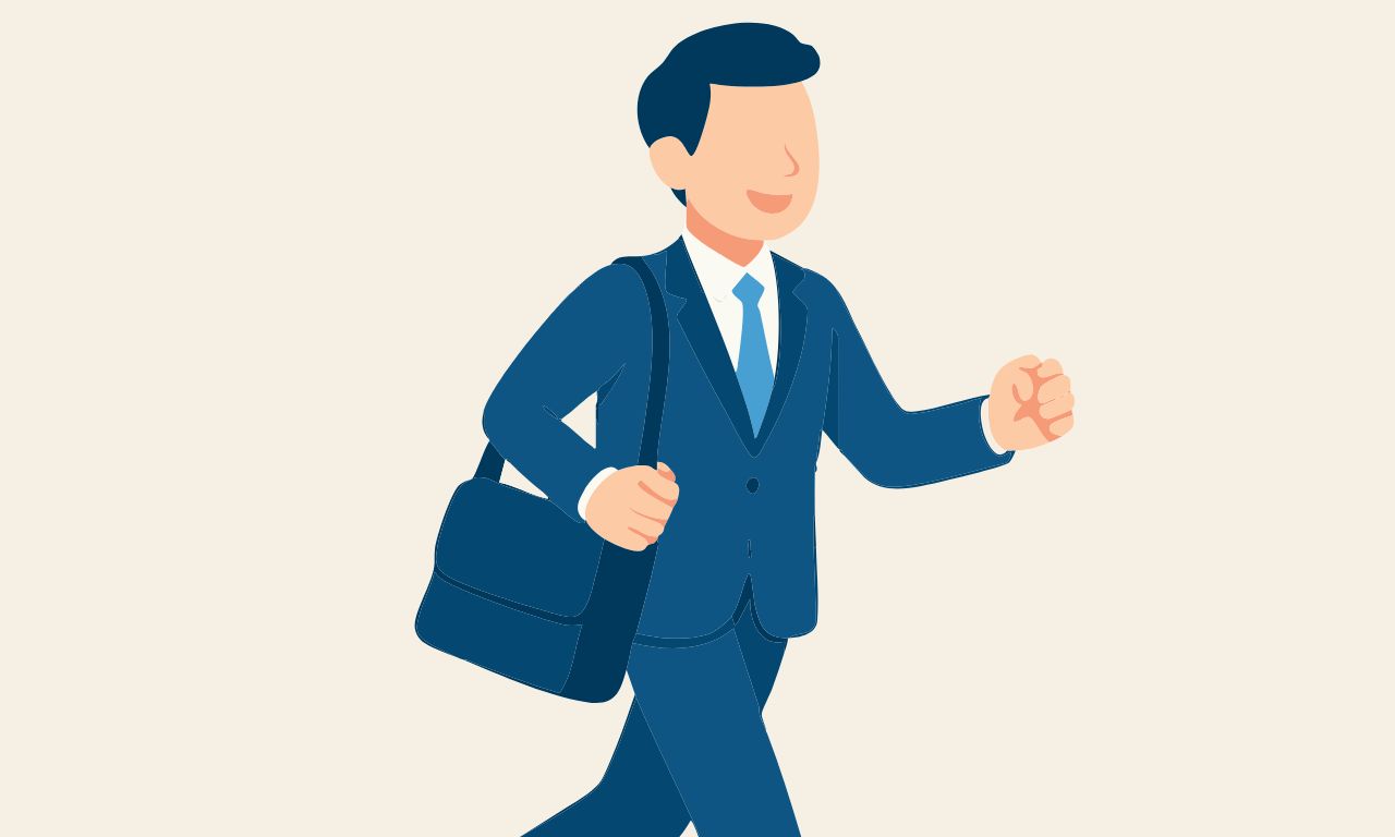 心身の健康の向上して笑顔で出勤している男性のイラスト