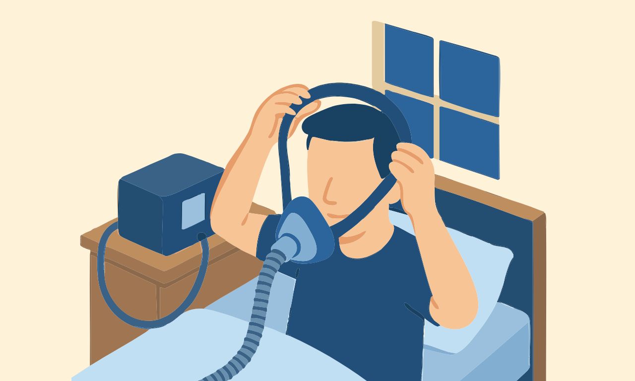 就寝前にCPAPを着用する男性のイラスト